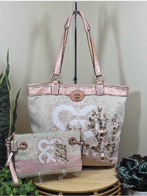 Coach Pink Metallic Trim Tote And Wristlet Set With Beaded Floral Appliqu
